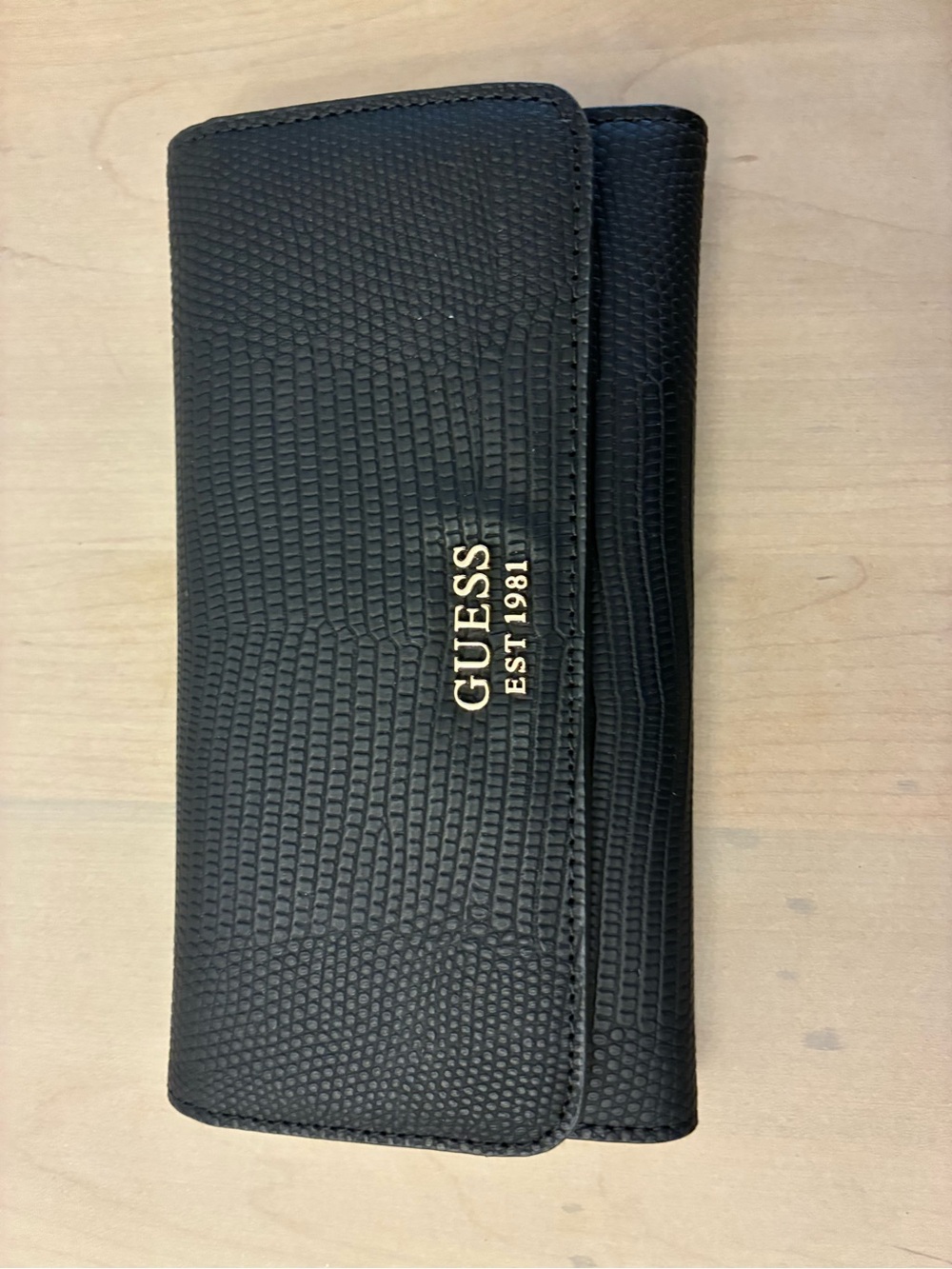 Guess Black Textured Foldover Wallet with Gold Logo